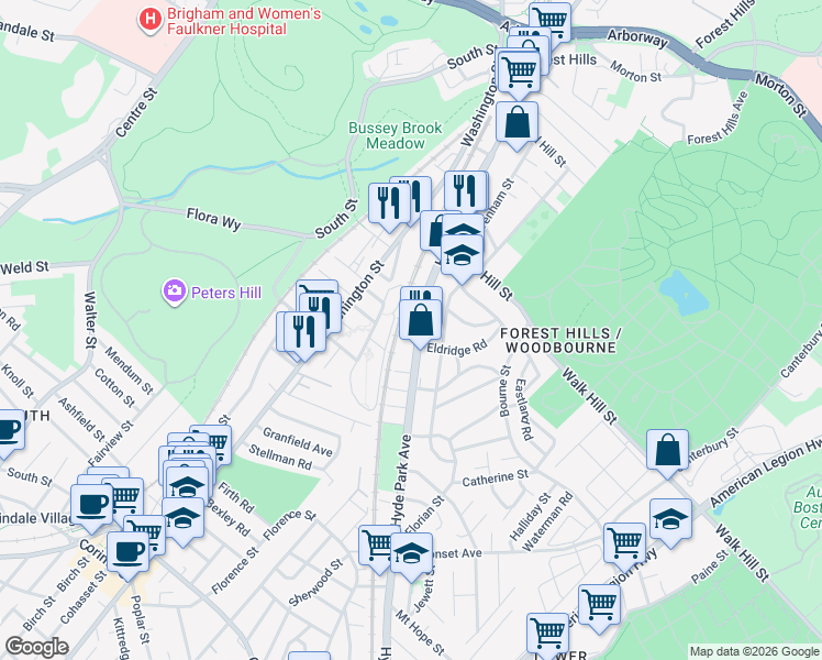 map of restaurants, bars, coffee shops, grocery stores, and more near 253 Hyde Park Avenue in Boston