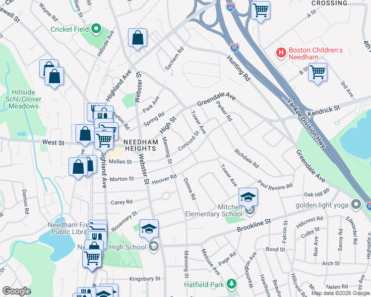 map of restaurants, bars, coffee shops, grocery stores, and more near 89 Lexington Avenue in Needham