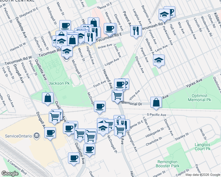 map of restaurants, bars, coffee shops, grocery stores, and more near 2437 Howard Avenue in Windsor