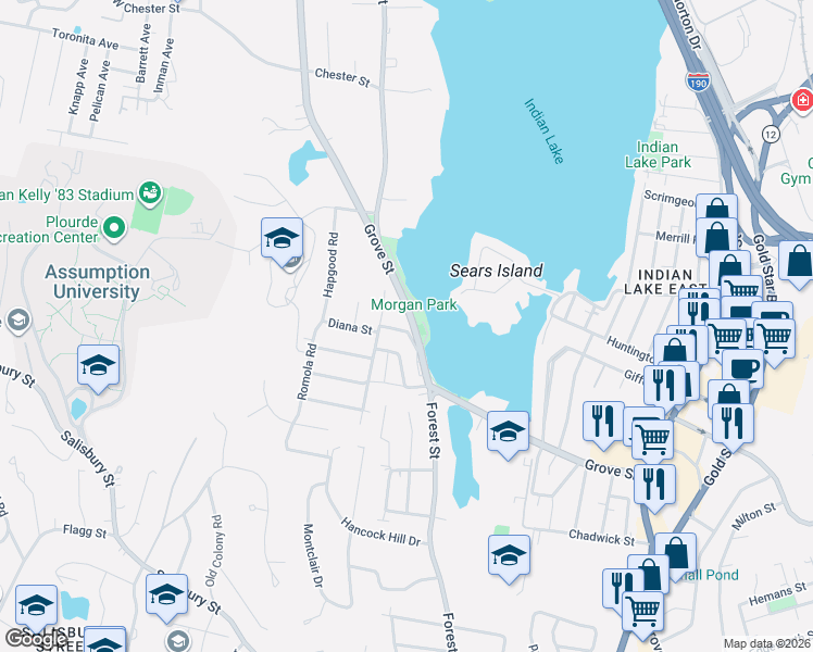 map of restaurants, bars, coffee shops, grocery stores, and more near 2 Barnstable Road in Worcester