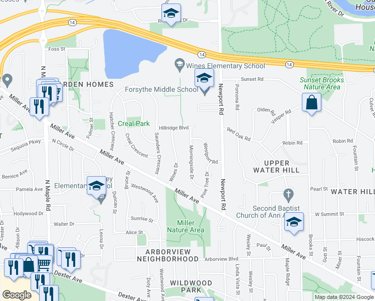map of restaurants, bars, coffee shops, grocery stores, and more near 1223 Morningside Drive in Ann Arbor