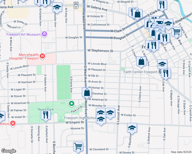 map of restaurants, bars, coffee shops, grocery stores, and more near 724 West Avon Street in Freeport