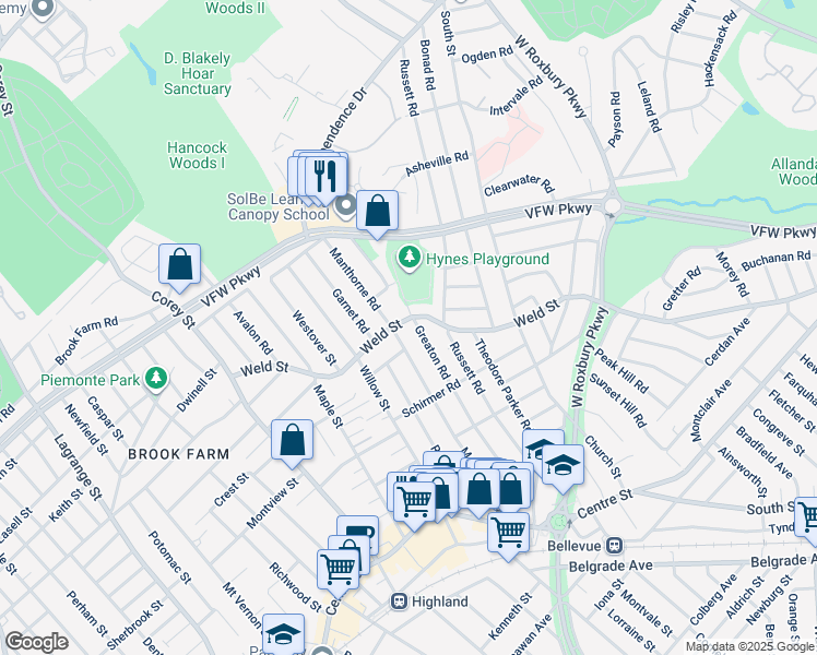 map of restaurants, bars, coffee shops, grocery stores, and more near 530 Weld Street in Boston