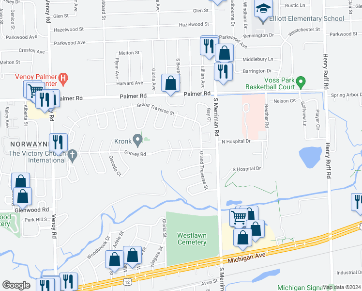 map of restaurants, bars, coffee shops, grocery stores, and more near 31918 Saginaw Court in Westland