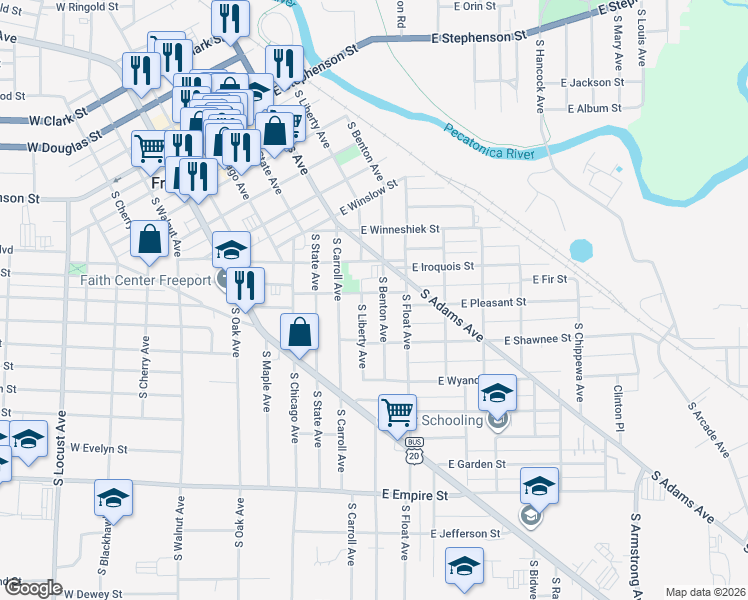 map of restaurants, bars, coffee shops, grocery stores, and more near 623 South Liberty Avenue in Freeport