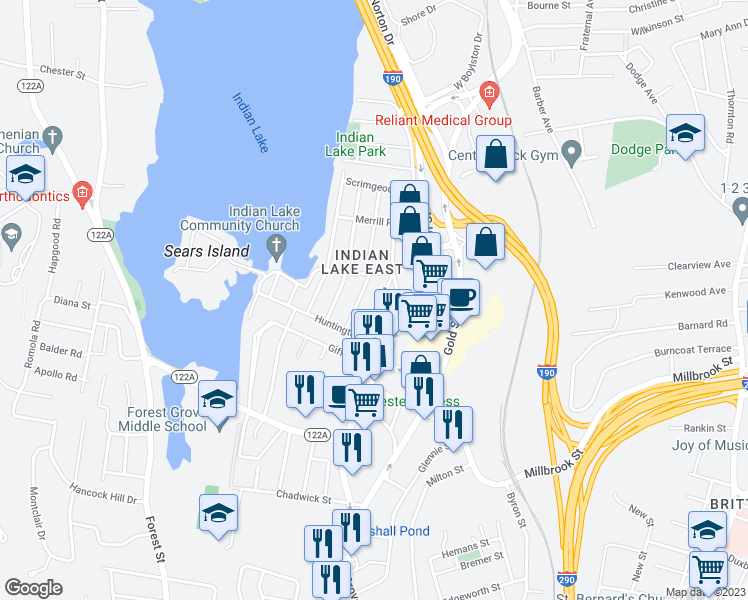 map of restaurants, bars, coffee shops, grocery stores, and more near 12 Loring Street in Worcester