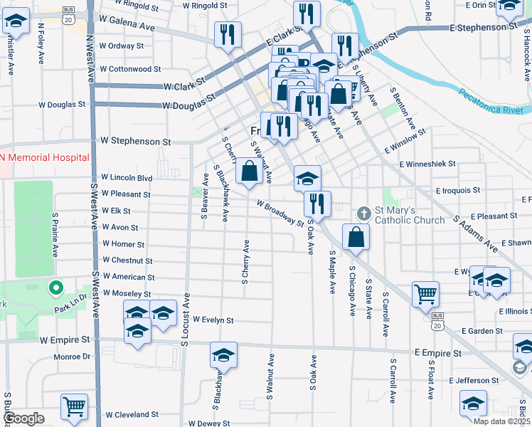 map of restaurants, bars, coffee shops, grocery stores, and more near 317 West Elk Street in Freeport