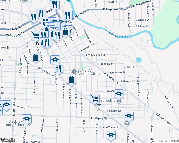 map of restaurants, bars, coffee shops, grocery stores, and more near 623 South Liberty Avenue in Freeport