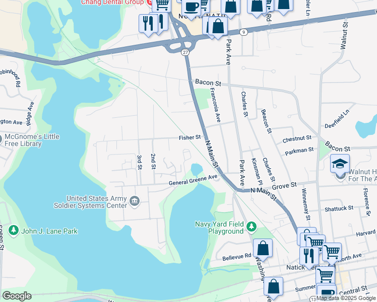map of restaurants, bars, coffee shops, grocery stores, and more near 10 Heritage Lane in Natick