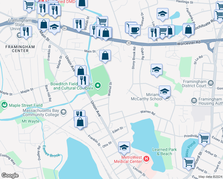 map of restaurants, bars, coffee shops, grocery stores, and more near 141 Walnut Street in Framingham