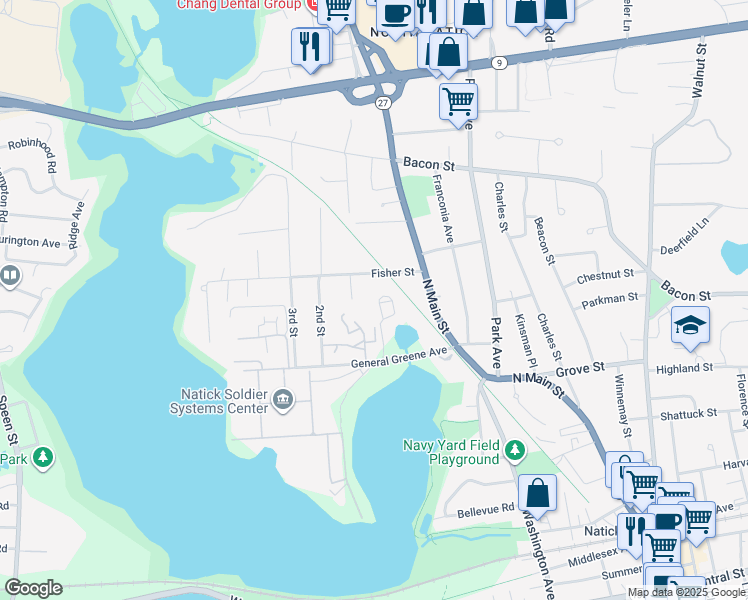 map of restaurants, bars, coffee shops, grocery stores, and more near 21 Heritage Lane in Natick