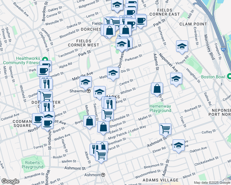 map of restaurants, bars, coffee shops, grocery stores, and more near 1684 Dorchester Avenue in Boston