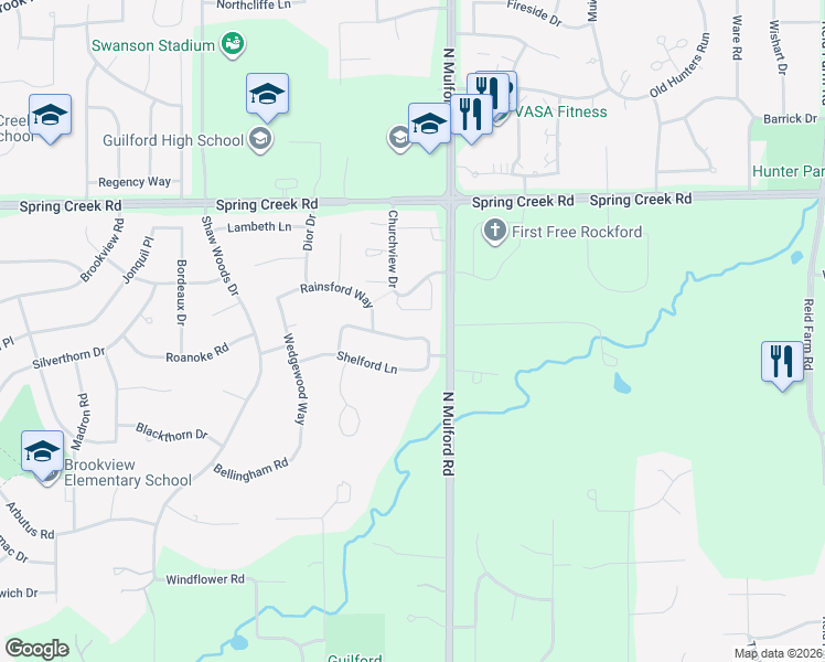 map of restaurants, bars, coffee shops, grocery stores, and more near 5979 Sandringham Lane in Rockford