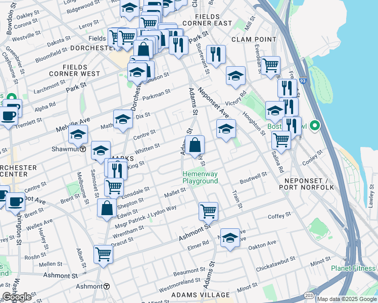 map of restaurants, bars, coffee shops, grocery stores, and more near 2 Ainsley Street in Boston