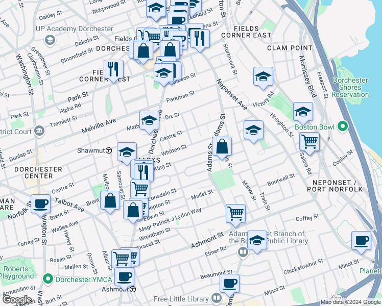 map of restaurants, bars, coffee shops, grocery stores, and more near 31 King Street in Boston