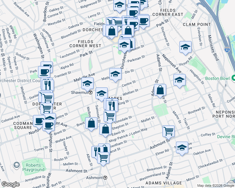 map of restaurants, bars, coffee shops, grocery stores, and more near 1684 Dorchester Avenue in Boston