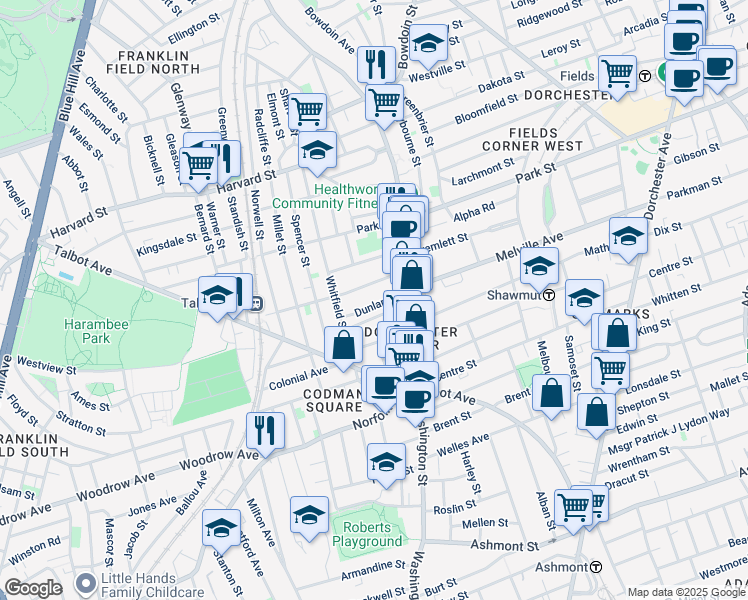map of restaurants, bars, coffee shops, grocery stores, and more near 22 Rosedale Street in Boston