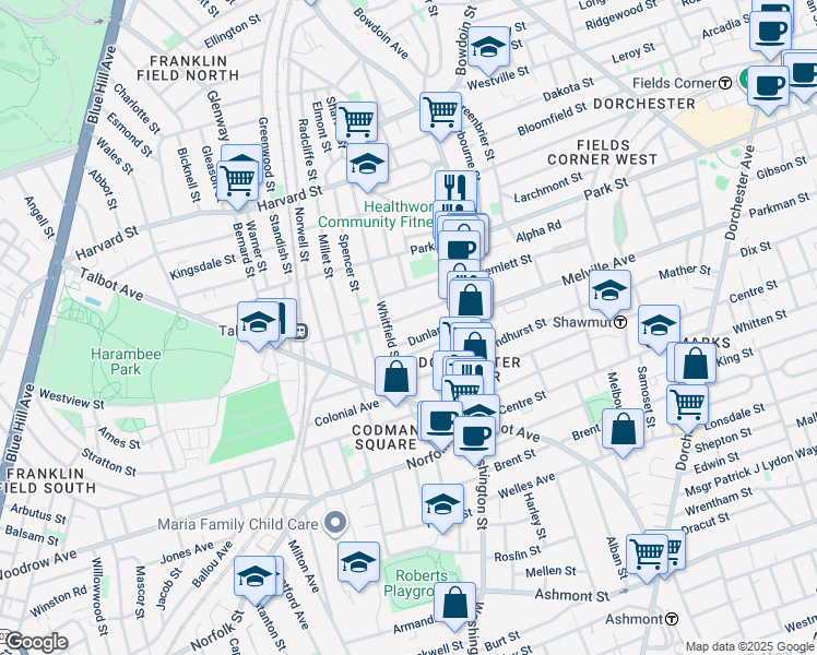 map of restaurants, bars, coffee shops, grocery stores, and more near 87 Whitfield Street in Boston