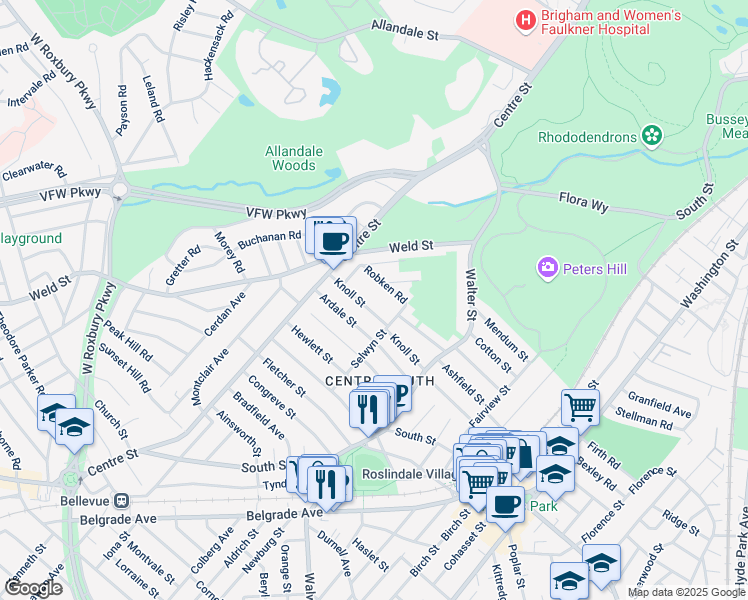 map of restaurants, bars, coffee shops, grocery stores, and more near 51 Knoll Street in Boston