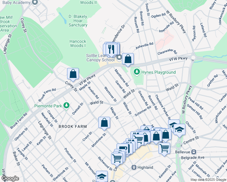 map of restaurants, bars, coffee shops, grocery stores, and more near 29 Westover Street in Boston