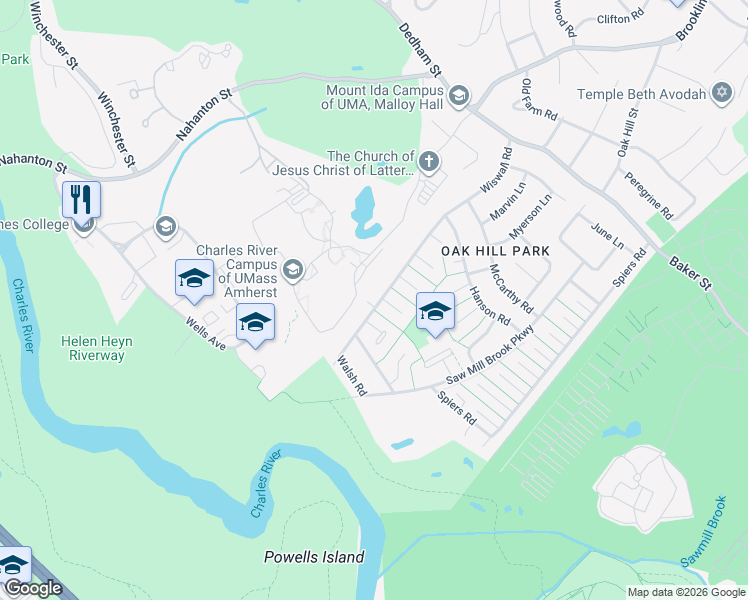 map of restaurants, bars, coffee shops, grocery stores, and more near 227 Wiswall Road in Newton