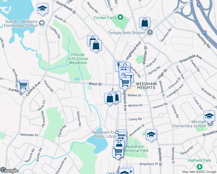 map of restaurants, bars, coffee shops, grocery stores, and more near 381 Hillside Avenue in Needham