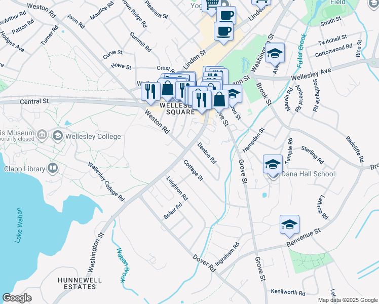 map of restaurants, bars, coffee shops, grocery stores, and more near 6 Cottage Street in Wellesley