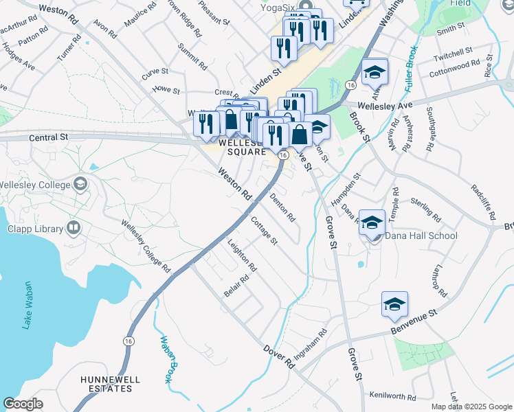 map of restaurants, bars, coffee shops, grocery stores, and more near 6 Cottage Street in Wellesley