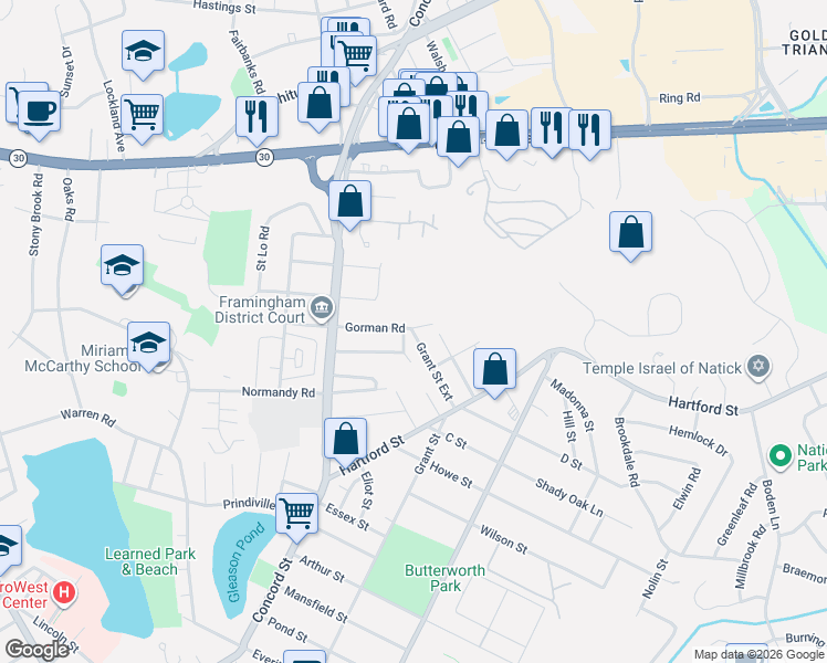 map of restaurants, bars, coffee shops, grocery stores, and more near 60 Belvidere Avenue in Framingham