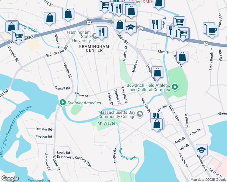 map of restaurants, bars, coffee shops, grocery stores, and more near 11 Trafton Road in Framingham