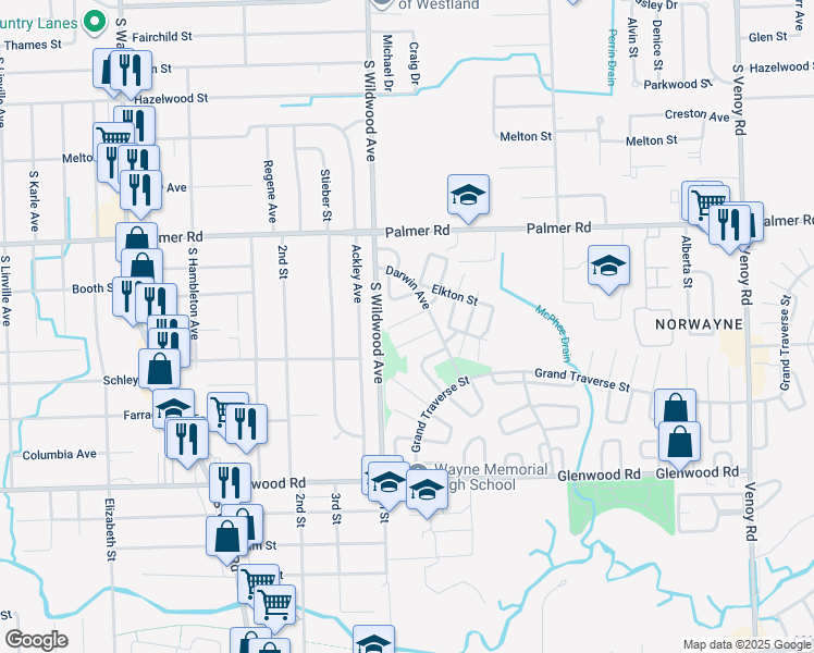 map of restaurants, bars, coffee shops, grocery stores, and more near 2243 Delton Court in Westland