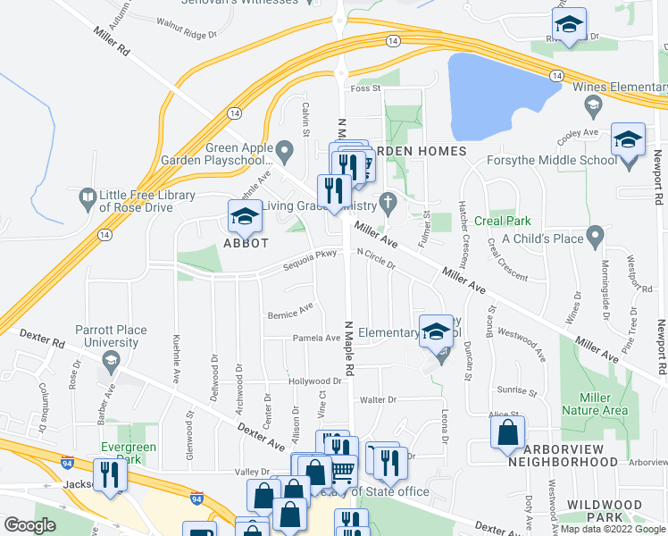 map of restaurants, bars, coffee shops, grocery stores, and more near 1111 North Maple Road in Ann Arbor