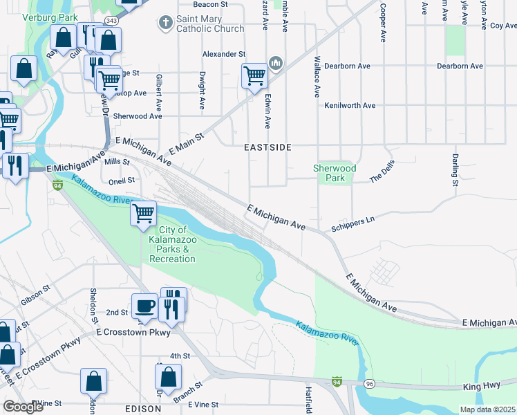 map of restaurants, bars, coffee shops, grocery stores, and more near 105 Burke Court in Kalamazoo