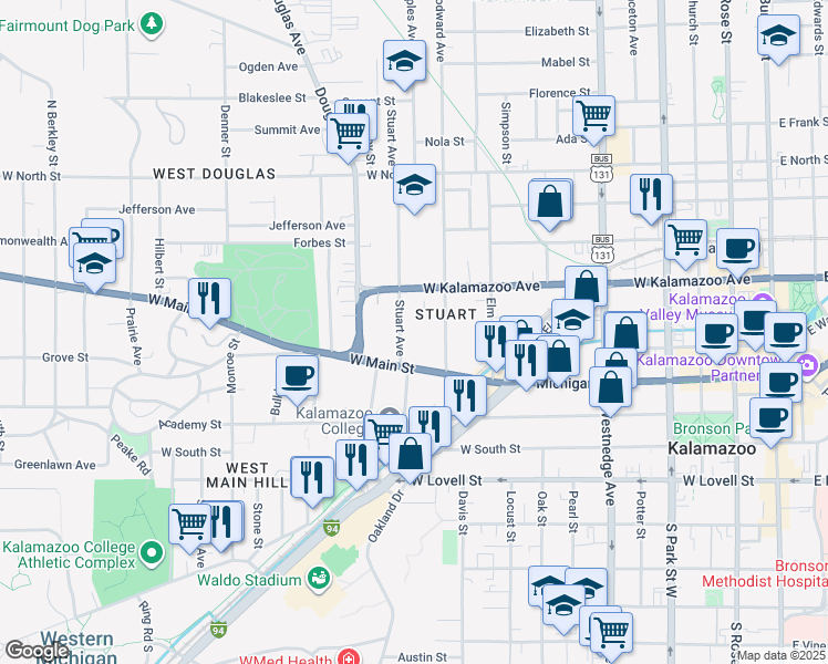 map of restaurants, bars, coffee shops, grocery stores, and more near 216 Stuart Avenue in Kalamazoo