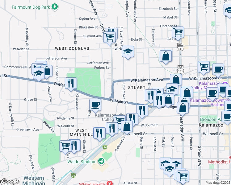 map of restaurants, bars, coffee shops, grocery stores, and more near 1102 West Main Street in Kalamazoo