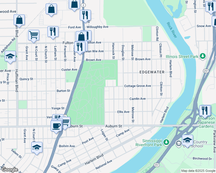 map of restaurants, bars, coffee shops, grocery stores, and more near 1918 Hancock Street in Rockford