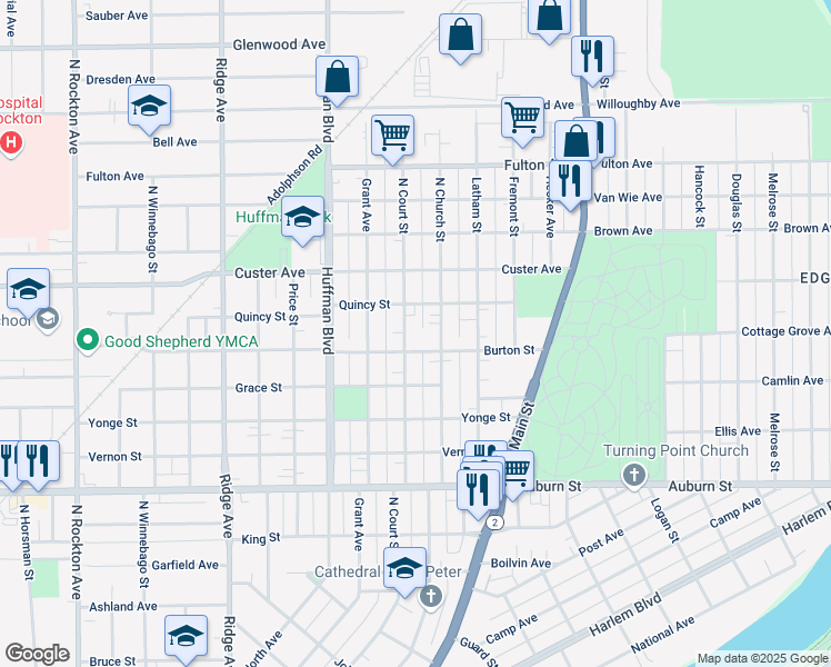 map of restaurants, bars, coffee shops, grocery stores, and more near 555 North Court Street in Rockford