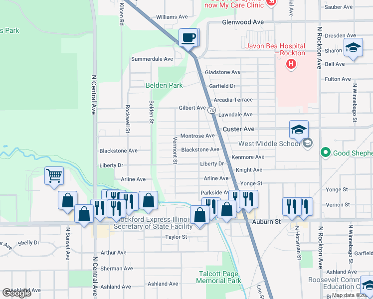 map of restaurants, bars, coffee shops, grocery stores, and more near 3202 Blackstone Avenue in Rockford