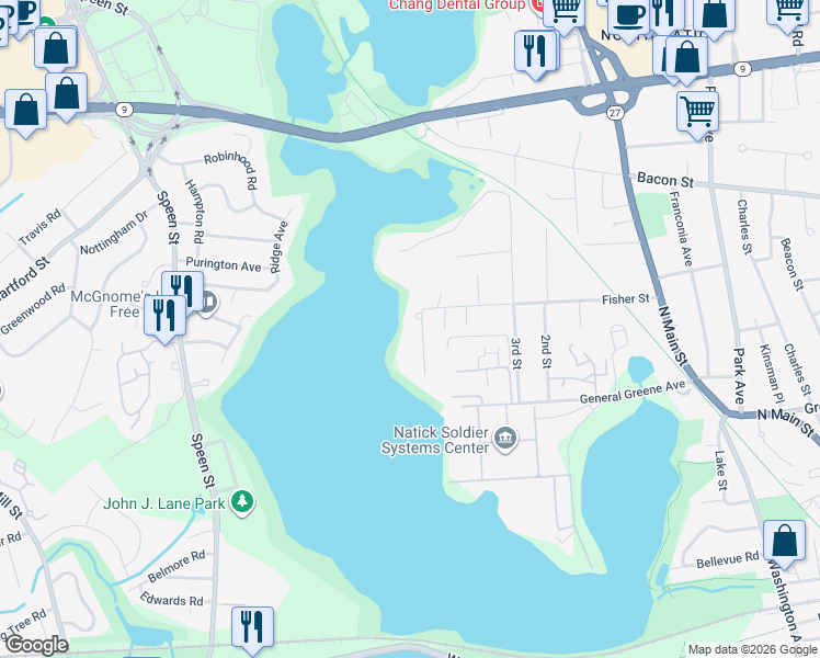 map of restaurants, bars, coffee shops, grocery stores, and more near 8 Lakewood Road in Natick