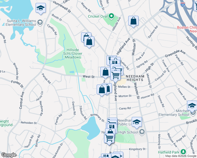 map of restaurants, bars, coffee shops, grocery stores, and more near 381 Hillside Avenue in Needham