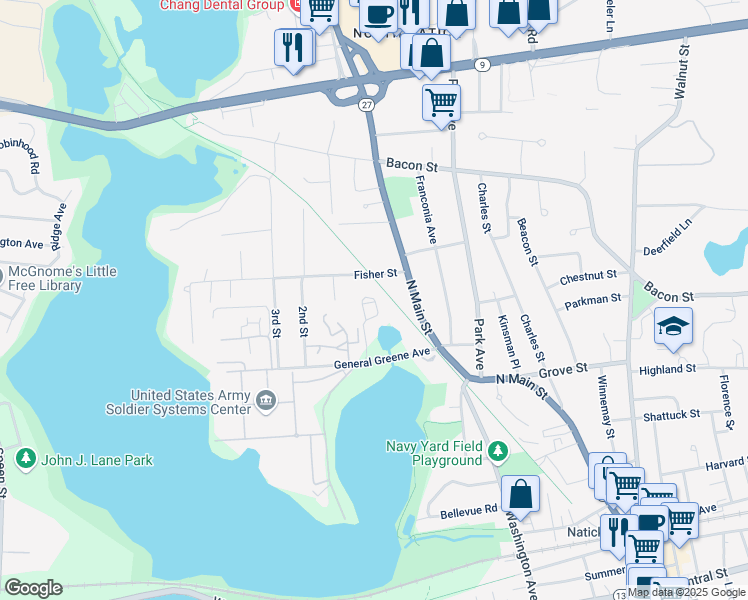 map of restaurants, bars, coffee shops, grocery stores, and more near 9 Heritage Lane in Natick