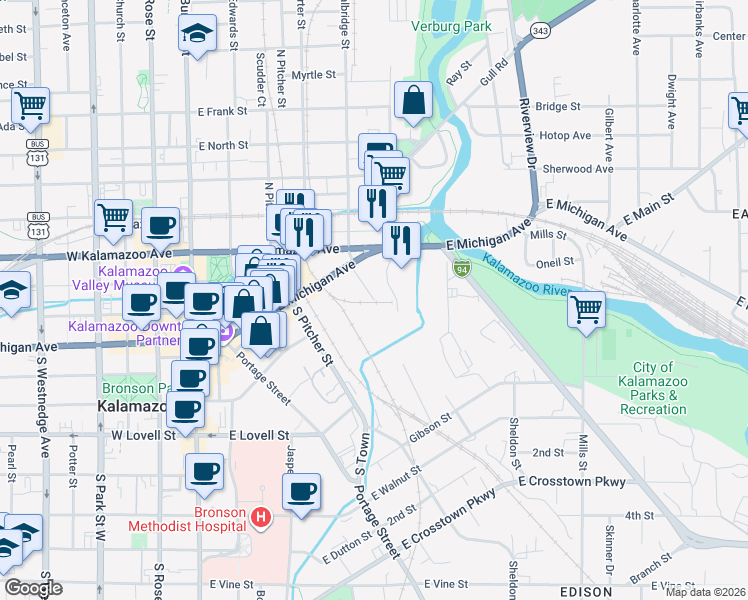 map of restaurants, bars, coffee shops, grocery stores, and more near 298 Rochester Avenue in Kalamazoo