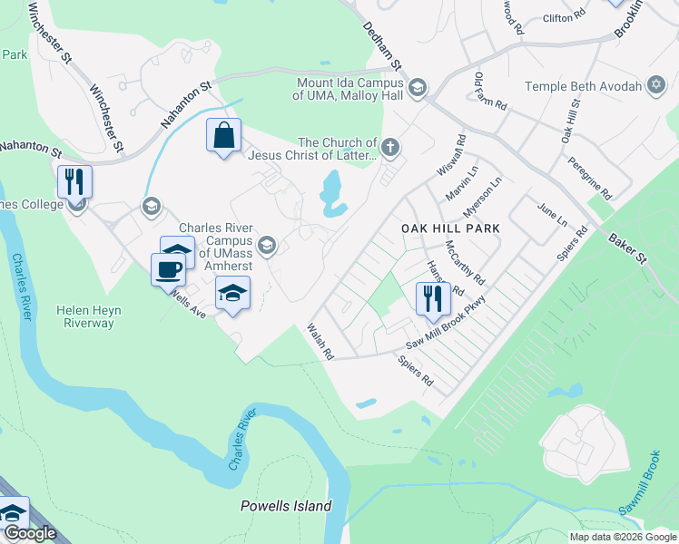 map of restaurants, bars, coffee shops, grocery stores, and more near 227 Wiswall Road in Newton