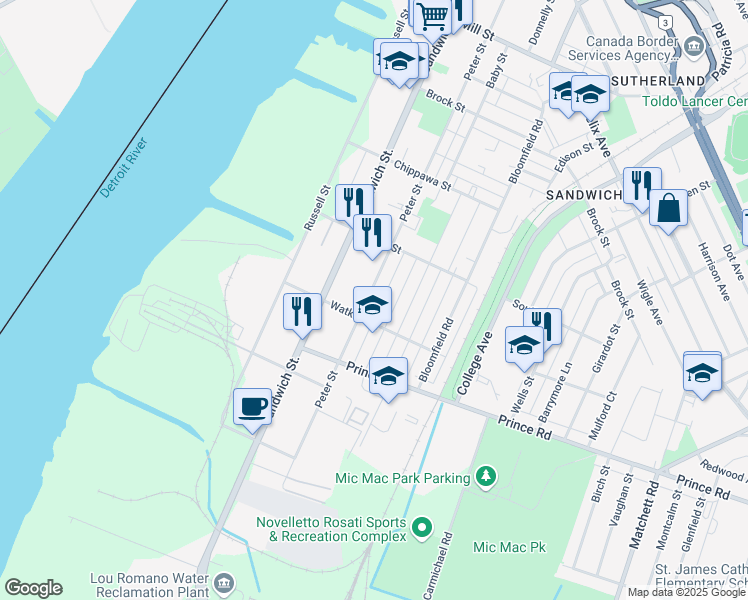 map of restaurants, bars, coffee shops, grocery stores, and more near 3573 Peter Street in Windsor