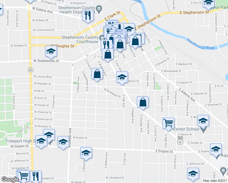 map of restaurants, bars, coffee shops, grocery stores, and more near 236 2361/2 West Broadway Street in Freeport
