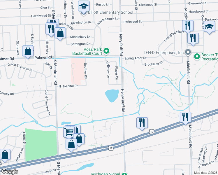 map of restaurants, bars, coffee shops, grocery stores, and more near 30585 Hogan Ln in Westland