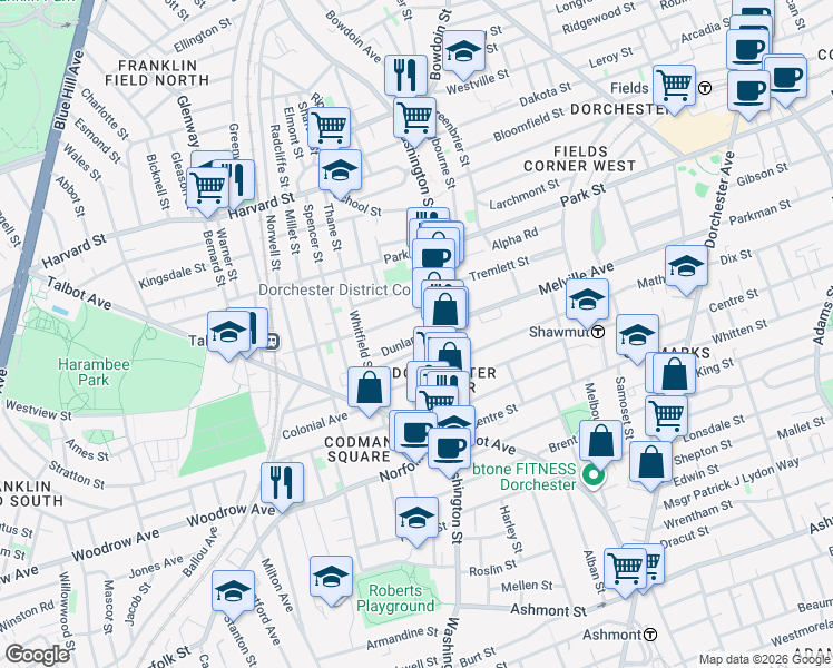 map of restaurants, bars, coffee shops, grocery stores, and more near 22 Rosedale Street in Boston