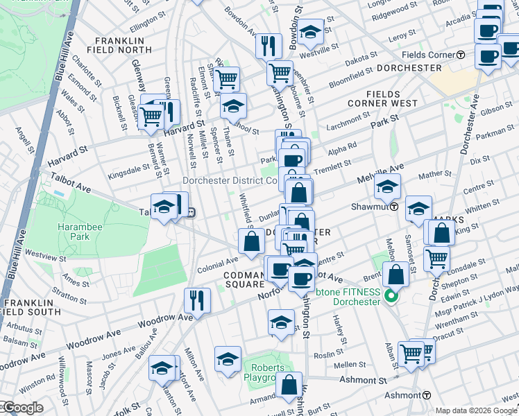 map of restaurants, bars, coffee shops, grocery stores, and more near 87 Whitfield Street in Boston