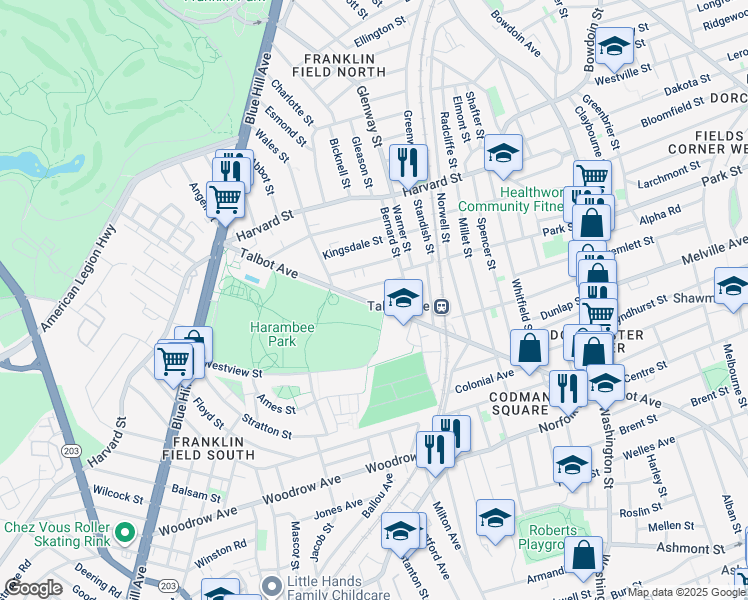 map of restaurants, bars, coffee shops, grocery stores, and more near 126 Talbot Avenue in Boston