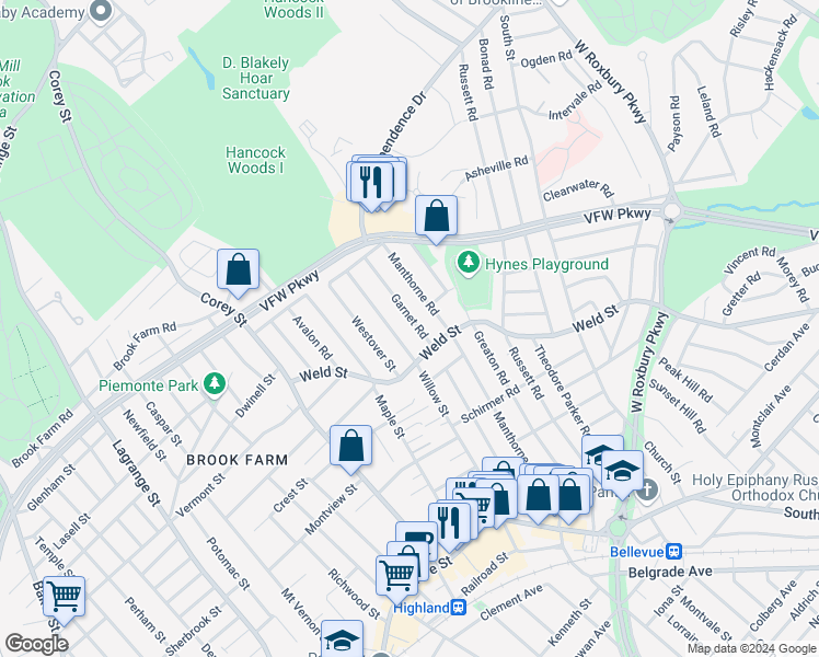 map of restaurants, bars, coffee shops, grocery stores, and more near 563 Weld Street in Boston